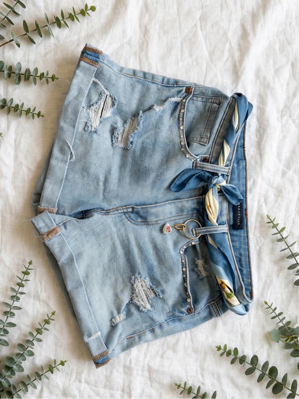 Aeropostale Light Blue Distressed Denim Shorts with Scarf Accent